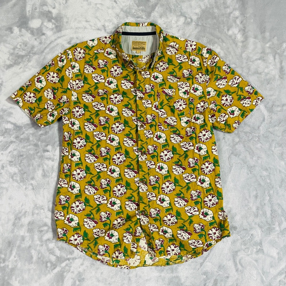 Free Nature Button Down Shirt Mens Medium Yellow Excellent Floral Short Sleeve